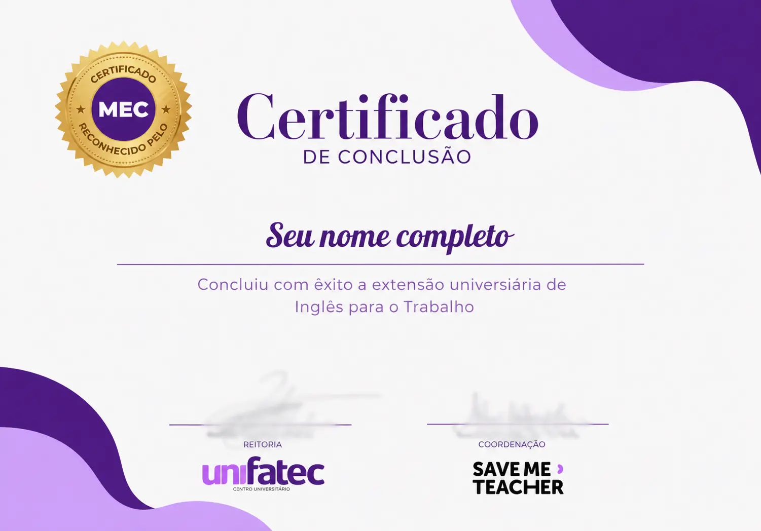 Exemplo de certificado do M&eacute;todo Save Me Teacher reconhecido pelo MEC